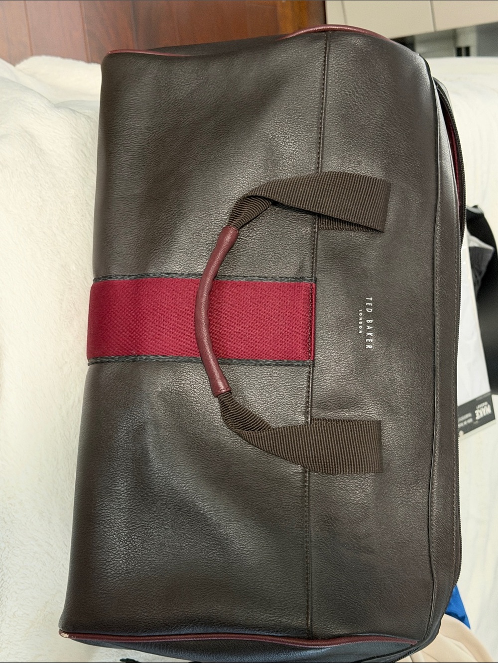 Ted Baker Dark Brown Leather Duffel with Red Center Stripe